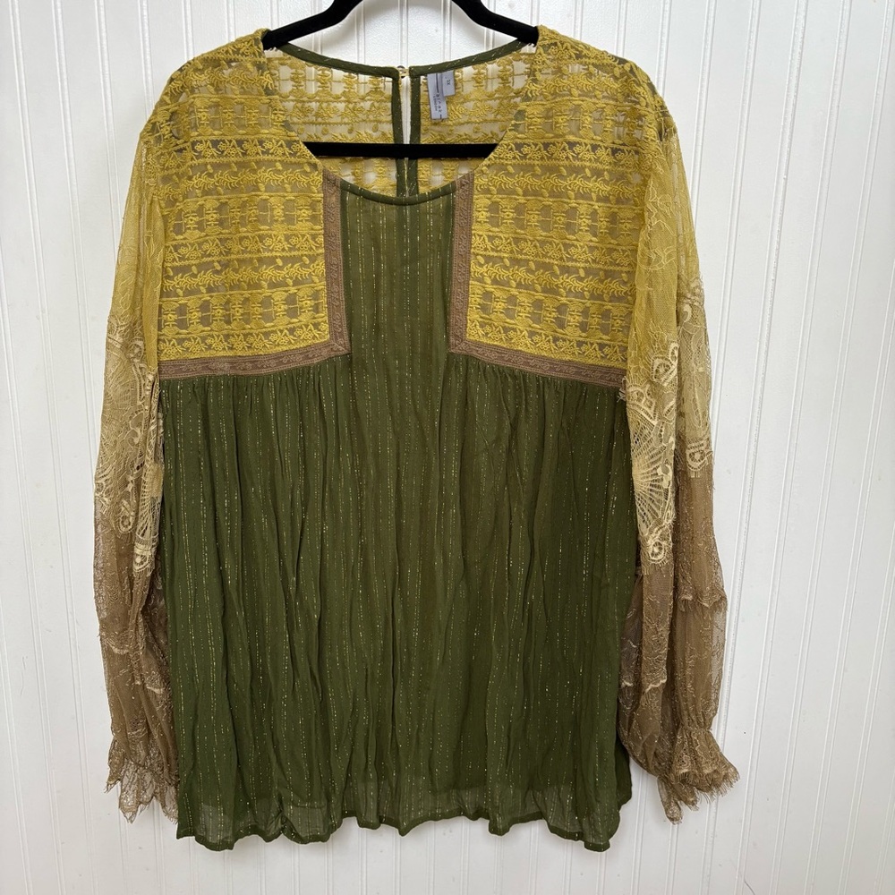 Blank London Multi Green Charisha Lace Sleeve Lightweight Boho Blouse Plus Sz 3X